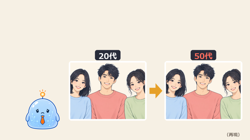 画像AIで同じ人物の年齢違いを描く方法｜20代〜50代を1枚で頼んだら全員20代になったので、1枚ずつ描かせた