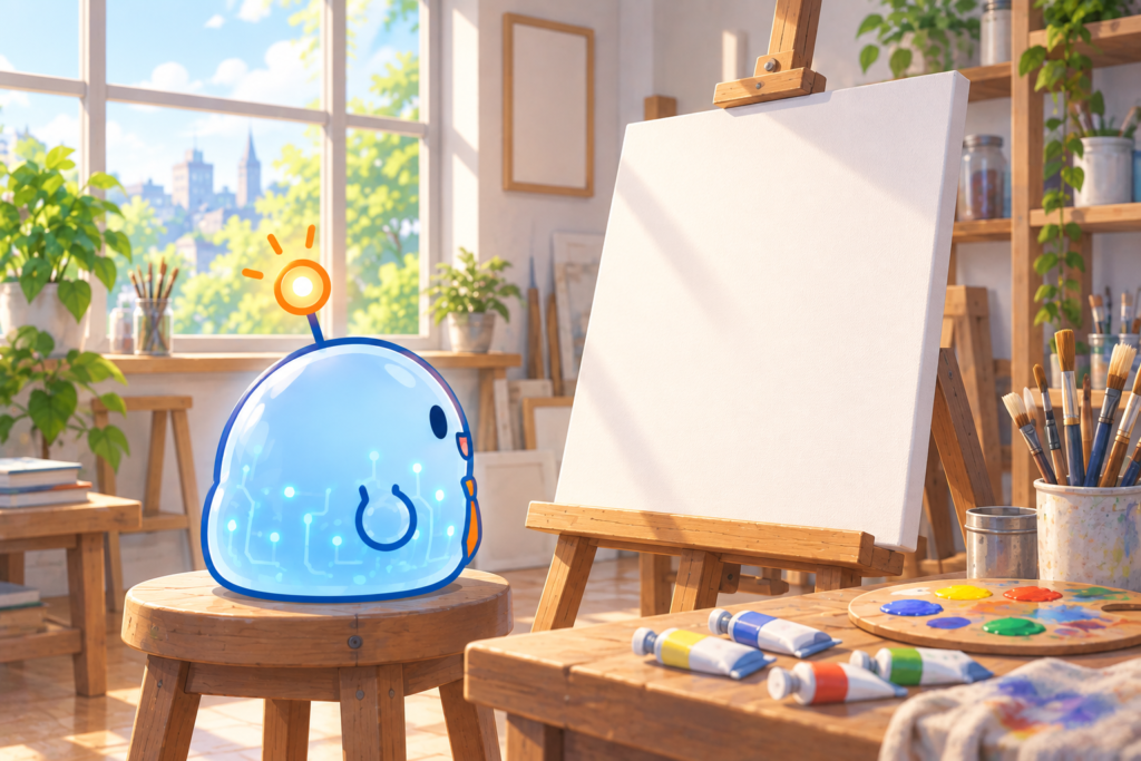 アトリエで、まっさらなキャンバスを載せたイーゼルと絵の具に囲まれ、丸椅子に座る青いスライムのマスコット