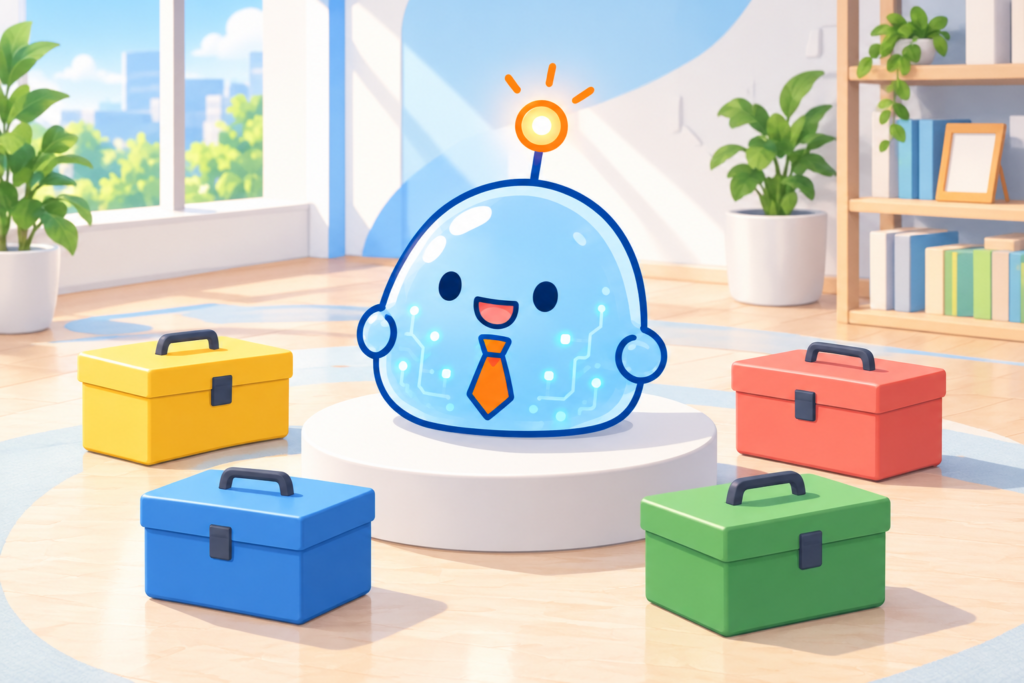 明るい部屋の台の上で、色ちがいの道具箱4つに囲まれて笑っているAI部下（仕事を4人に振り分ける場面）