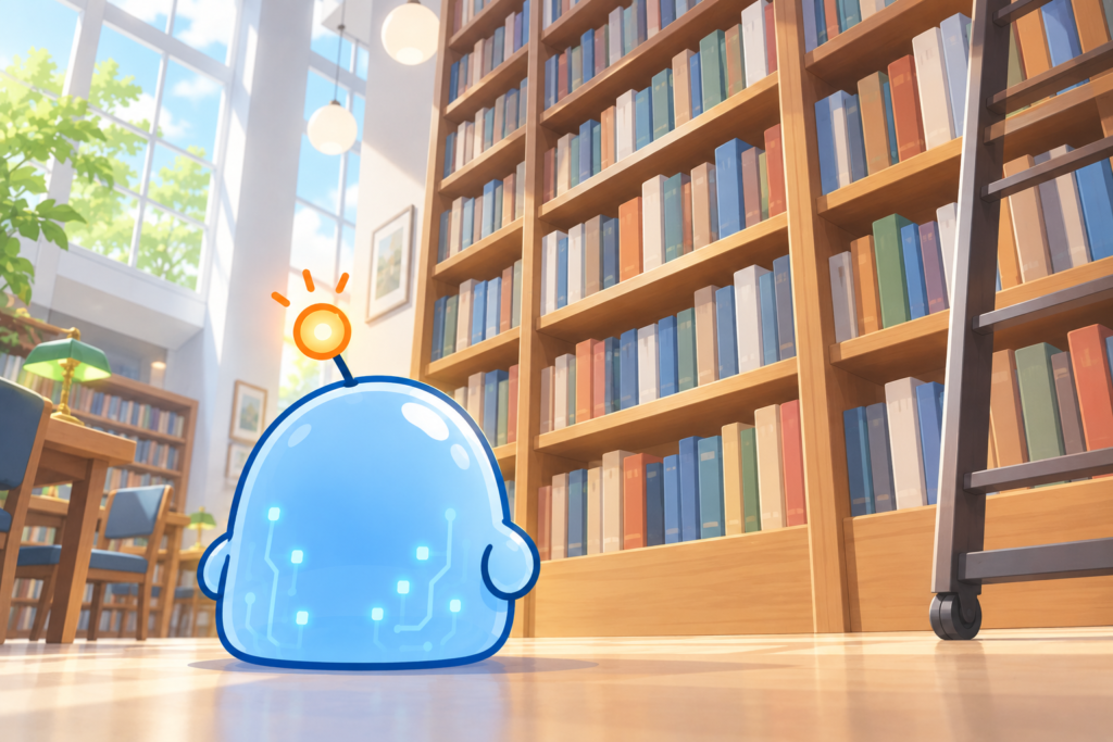 明るい図書館の高い書架の前に立ち、ずらりと並んだ本を見上げるAI部下（大量の資料から答えを探す場面）