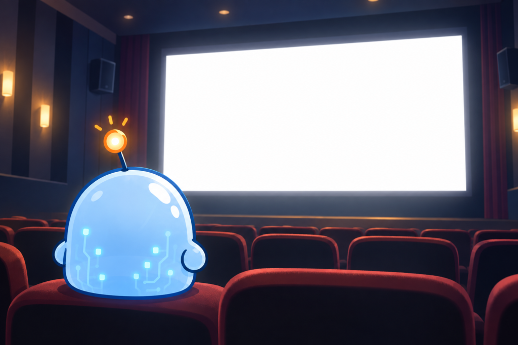 映画館の赤い座席にちょこんと座り、まっ白なスクリーンを見上げている青いスライムのマスコット