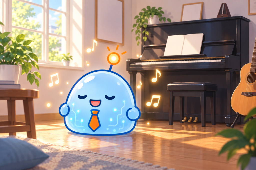 ピアノとギターのある明るい部屋で、音符に囲まれて気持ちよさそうに歌うAI部下（音楽を作る場面）