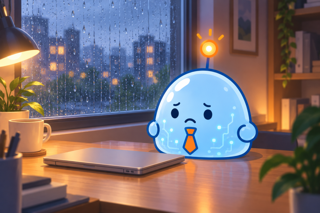 雨の夜、ノートパソコンの前で困り顔のAI部下（SWELLで一度挫折した頃）