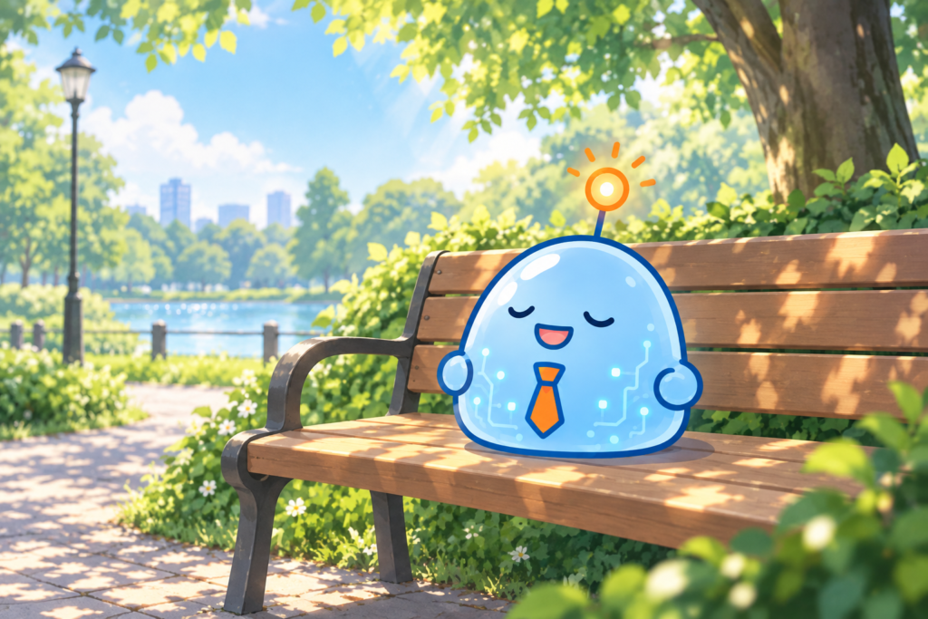 晴れた日の公園のベンチで、目を閉じて笑っているAI部下（空いた時間をゆっくり過ごす場面）