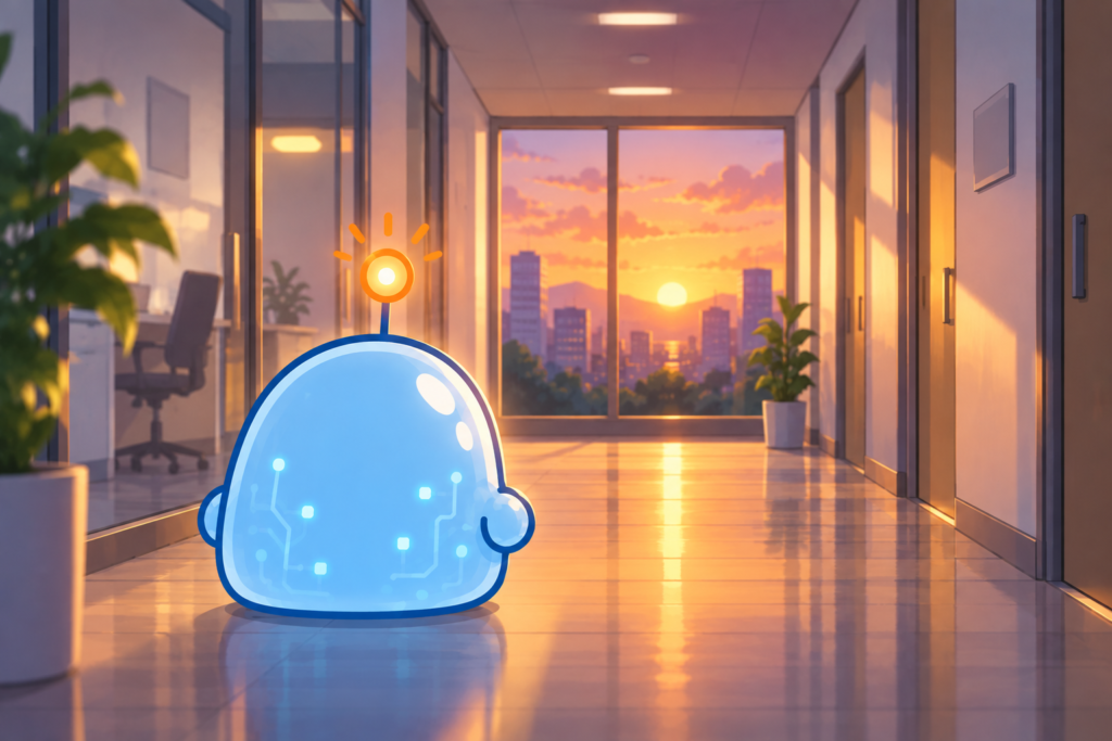 夕日の差すオフィスの廊下を、うしろ姿で歩いていくAI部下（作業を終えて帰る場面）