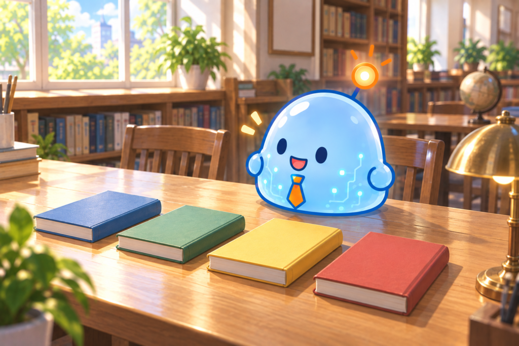 図書室の机に青・緑・黄・赤の4冊の本が並び、その前で笑っているネクタイ姿の青いスライムのマスコット