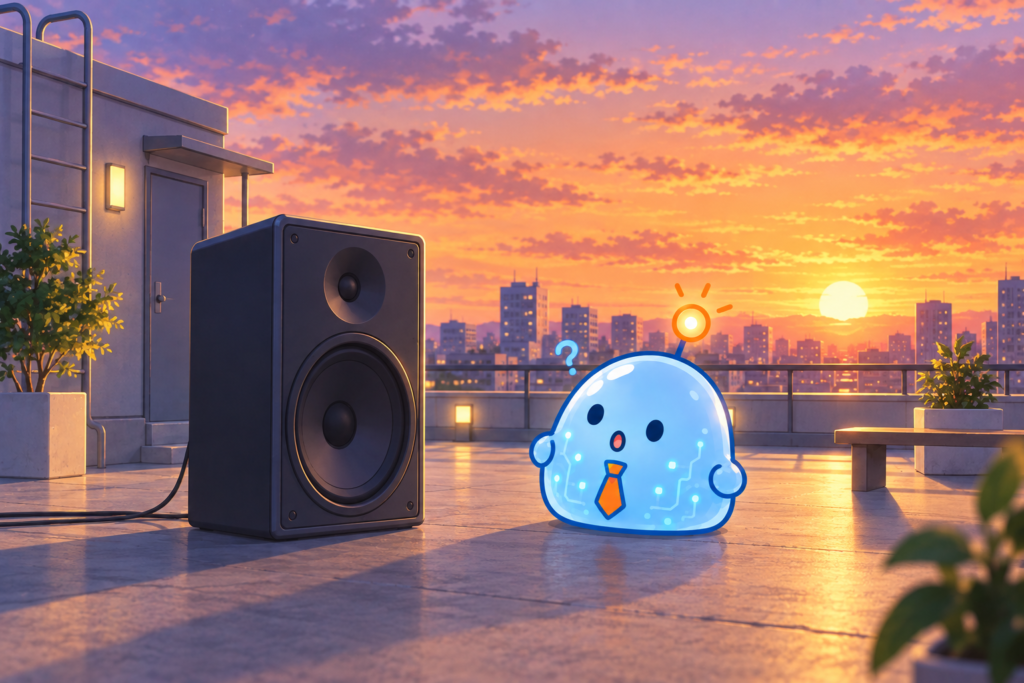 夕焼けの屋上で大きなスピーカーの横に立ち、はてなマークを浮かべて戸惑うAI部下（思ったのと違う曲が出た場面）