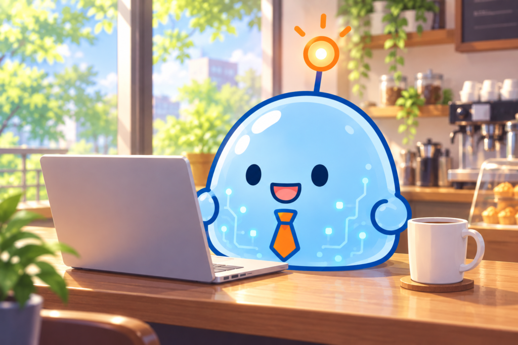 明るいカフェでノートパソコンに向かって笑顔のAI部下（SWELLを再開して使い続けている今）