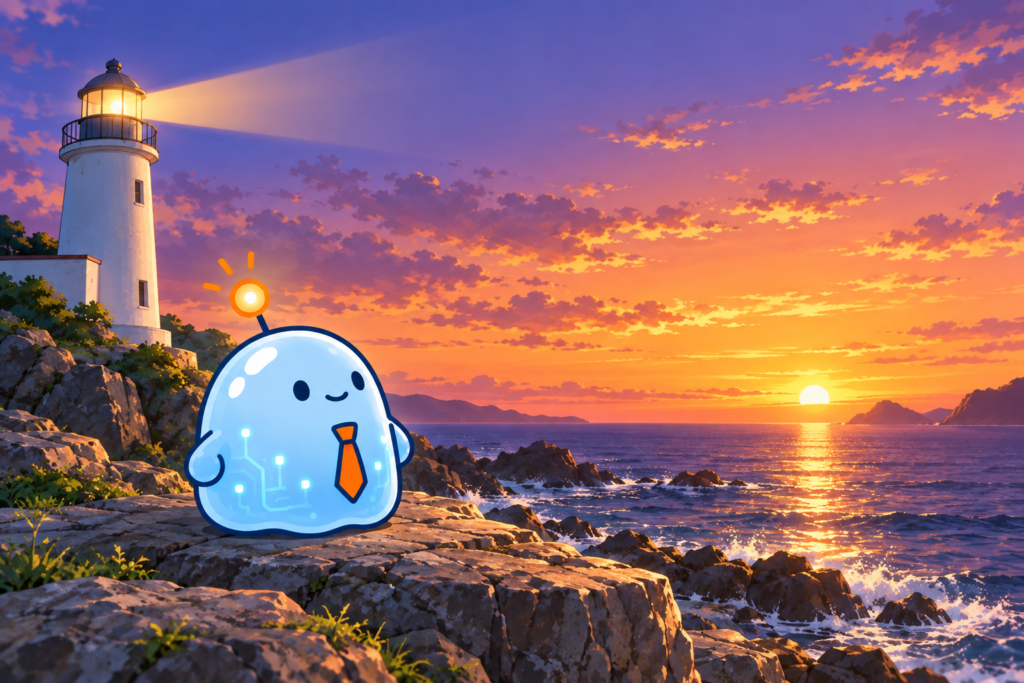 夕方の海辺に立つ白い灯台のふもと