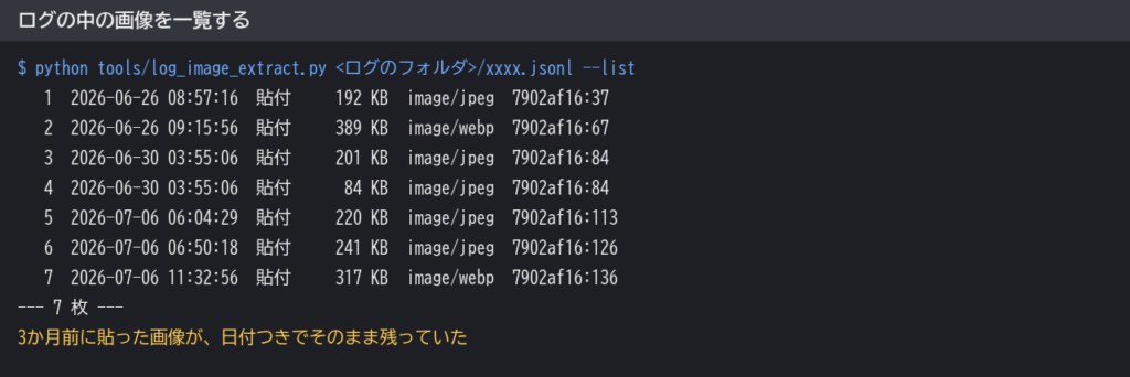 ログ1本を一覧した実行結果。7枚の画像が日付・サイズ・形式つきで並んでいる