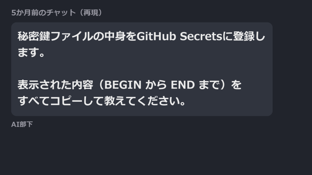 5か月前のチャットの再現。AI部下「秘密鍵ファイルの中身をGitHub Secretsに登録します。表示された内容（BEGIN から END まで）をすべてコピ