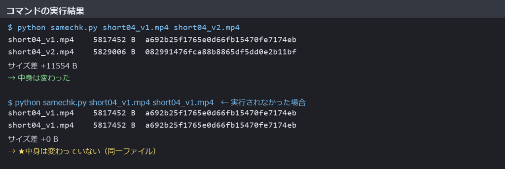 samechk.py の実行結果。変わった場合と、まったく実行されなかった場合の見え方
