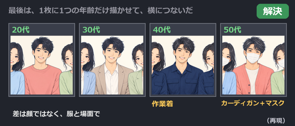 解決の再現。20代・30代・40代・50代を1枚ずつ別に描かせて、横につないだ図。40代は作業着、50代はカーディガンとマスクで、差を顔ではなく服と場面で出して
