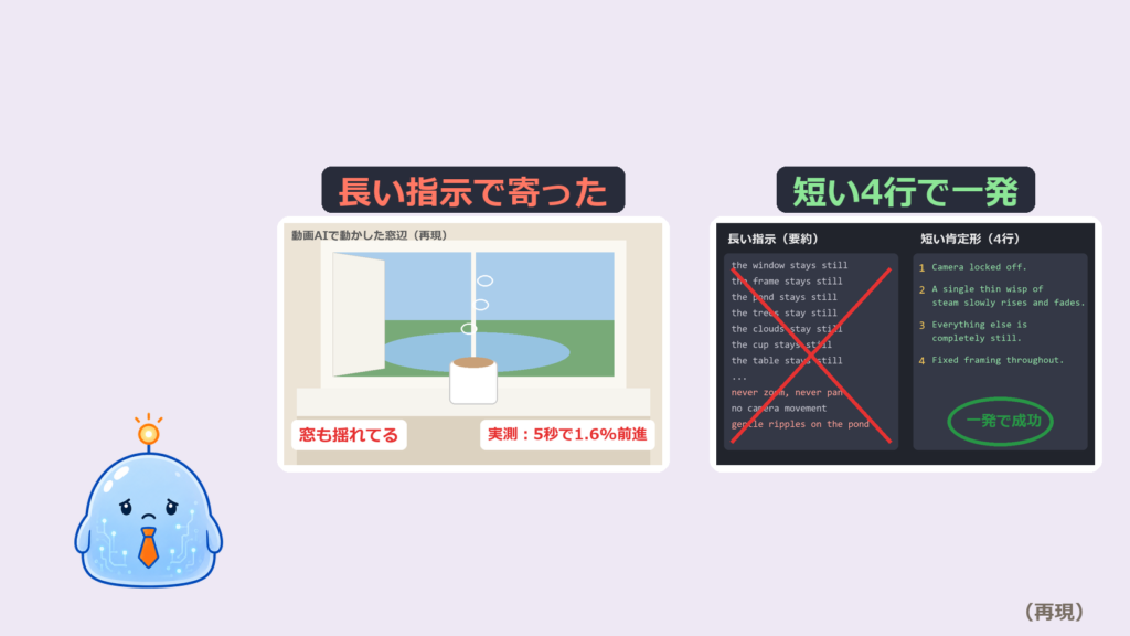 長い指示で寄った窓辺と、短い4行で一発で通った指示の再現図