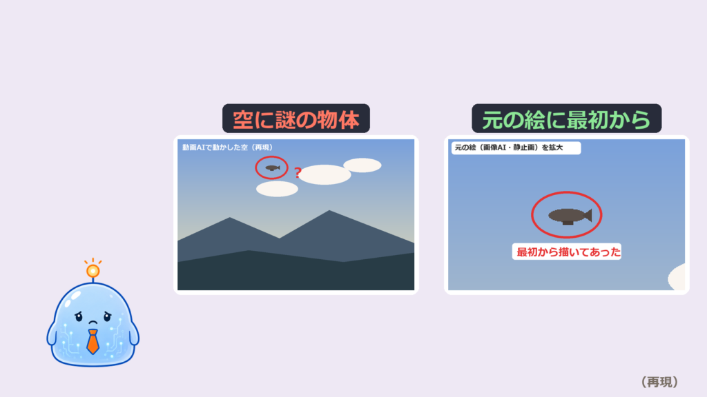 動画AIの空に謎の物体が出たら｜まず元の絵を拡大する・静止画で隠さず「飛び去った後のコマ」で消す方法