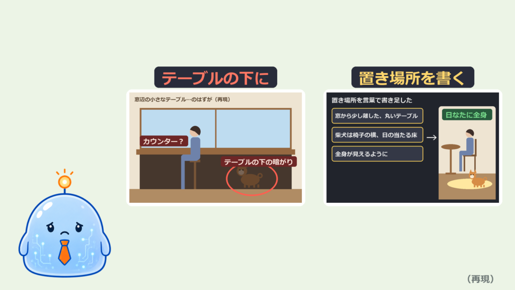 画像AIに「窓辺の小さなテーブル」を頼んだら、柴犬がテーブルの下にいた｜置き場所まで言葉で書く頼み方