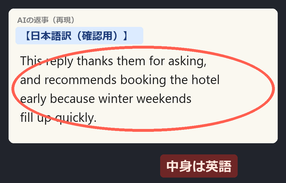 見出しは「日本語訳（確認用）」なのに、本文が英語の返事。再現図（英文は架空）