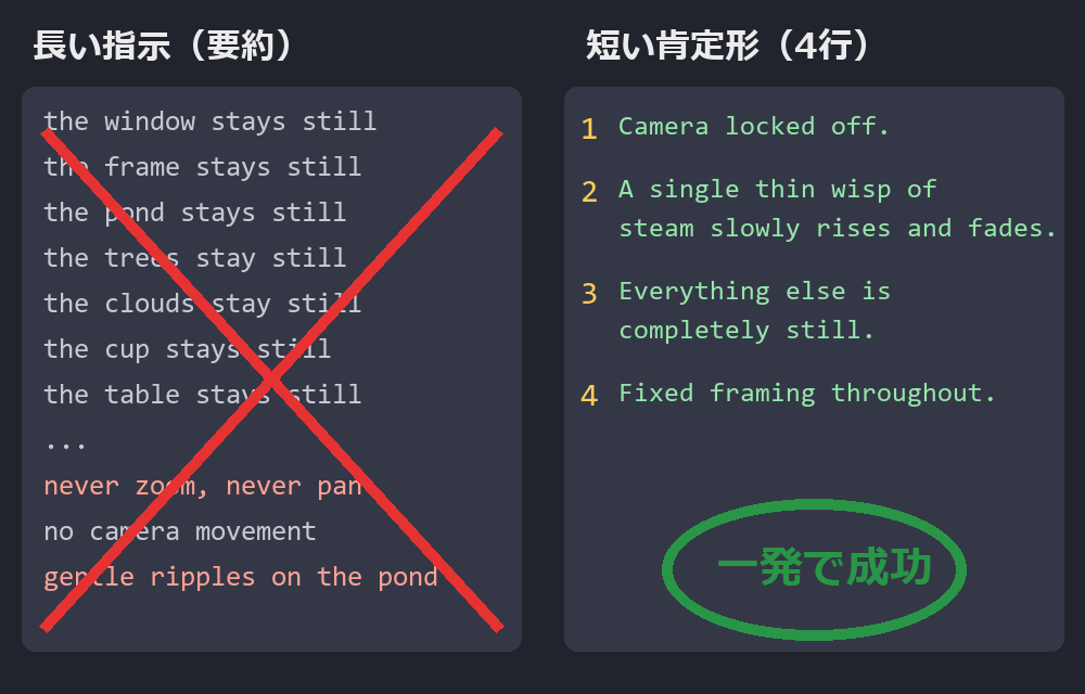 左＝止める物と禁止を並べた長い指示（要約）。右＝短い肯定形の4行で一発成功