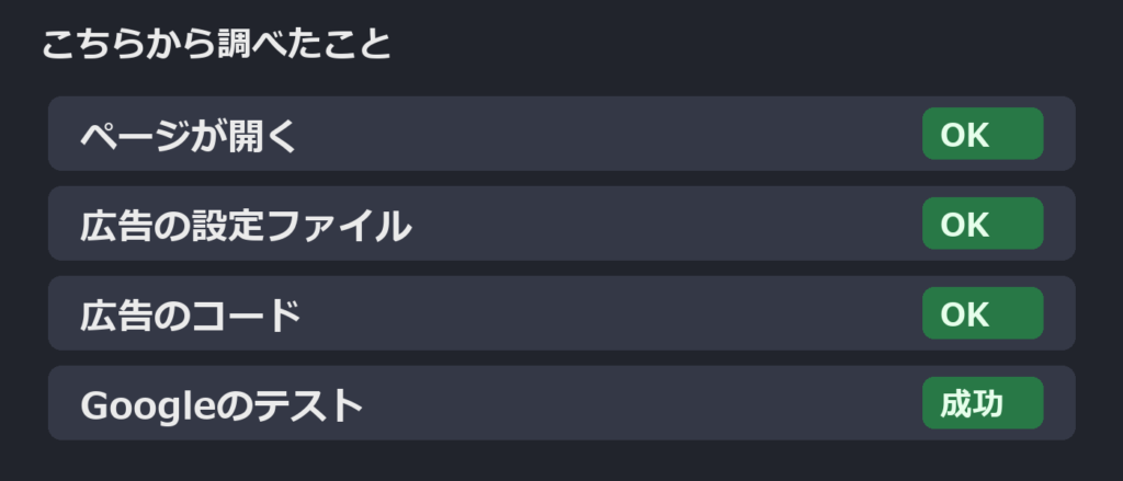 こちらから調べたこと4つ（ページ・広告の設定ファイル・広告のコード・Googleのテスト）がすべてOK。模式図
