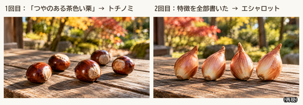 1回目と2回目の再現。左は「つやのある茶色い栗」と頼んで出てきた、まん丸いトチノミ。右は栗の特徴を書き足して出てきた、縦長で筋のある茶色いエシャロット。説明のた